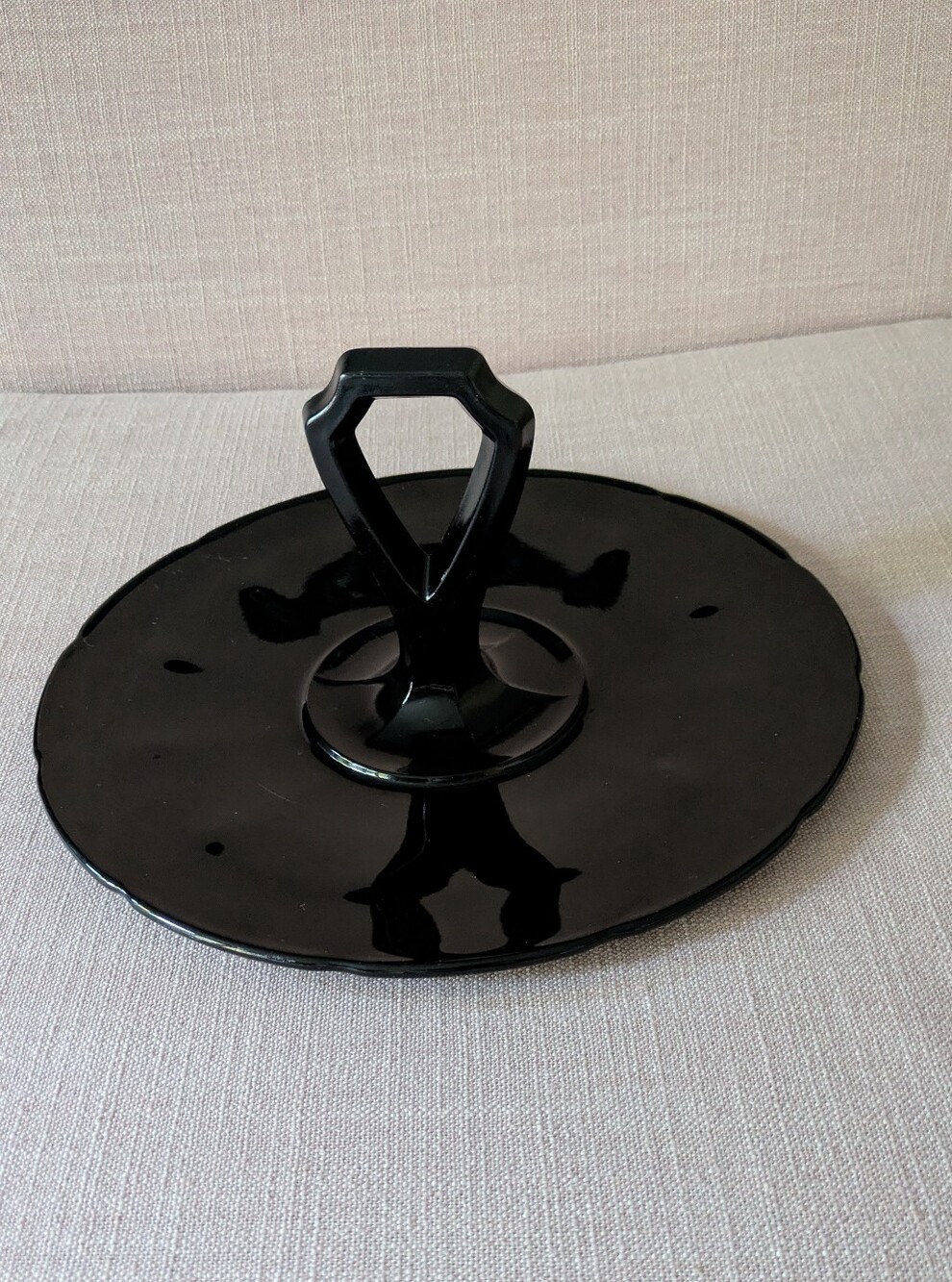 Vintage Art Deco Black Glass Center Handle Tidbit Tray Liberty Glass Victory